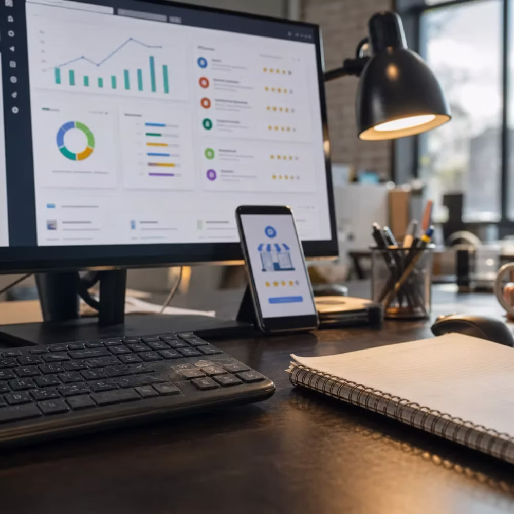 A desk with a monitor and a phone showing a business listing and star rating